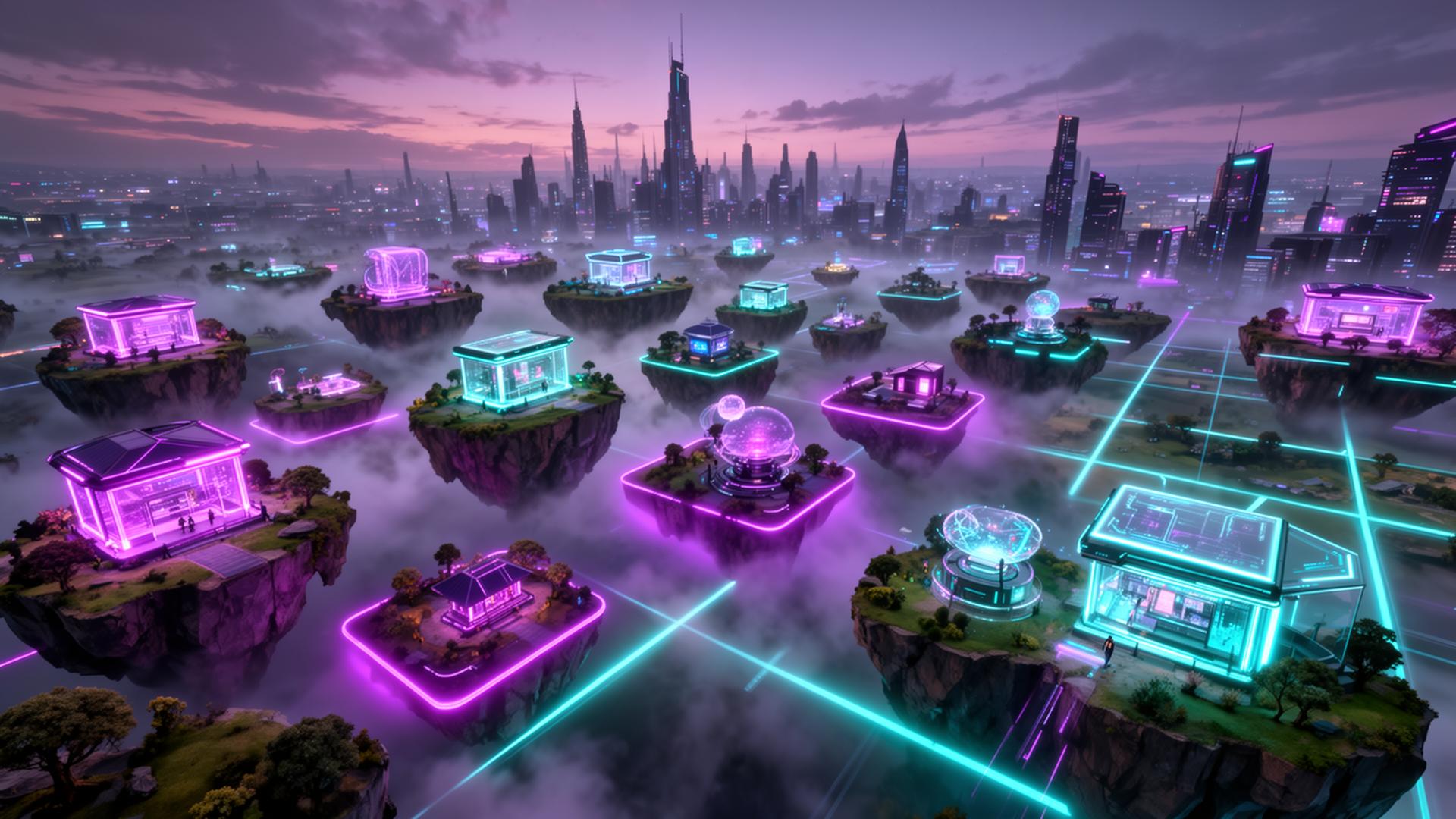 NEONLAND metaverse cityscape with floating land parcels