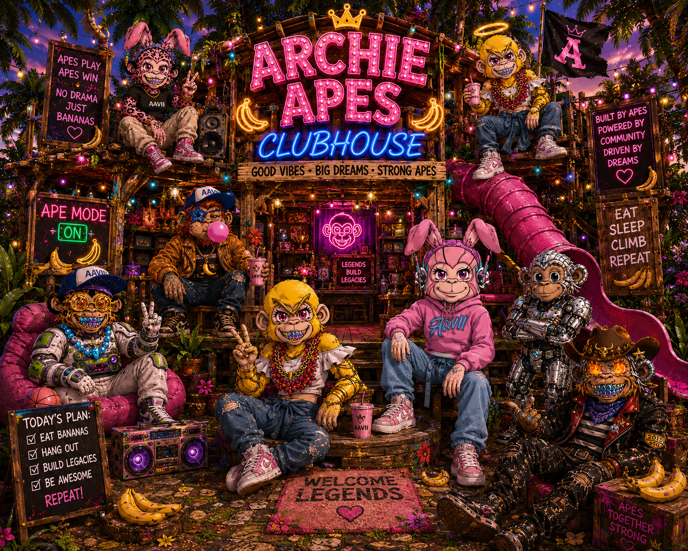 Archie Apes VII Clubhouse — neon treehouse megavenue with ape crew
